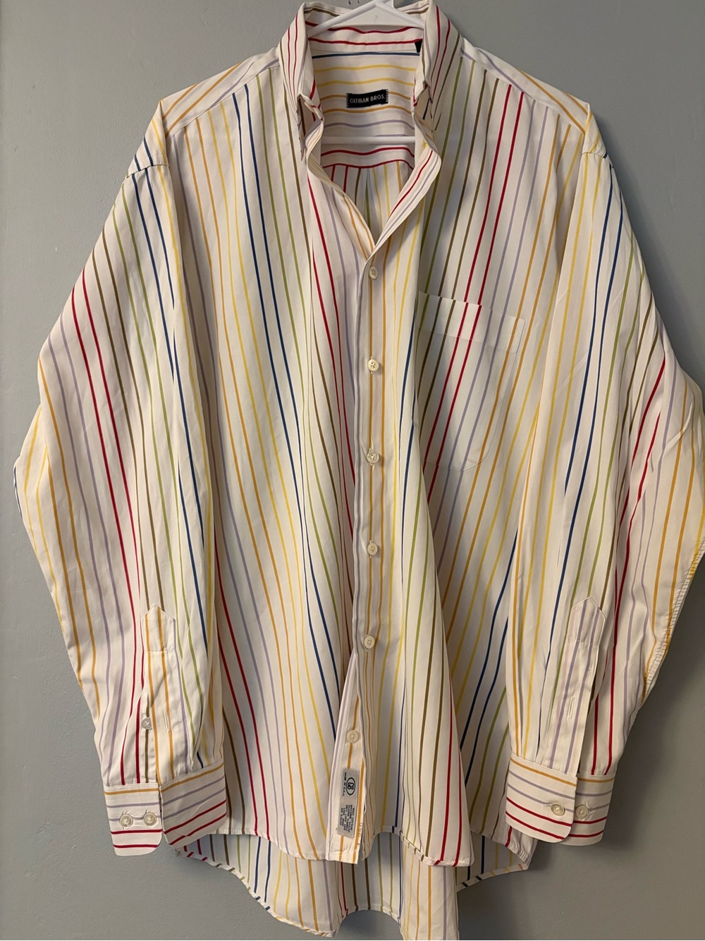 Gitman Brothers White Button-Down Shirt with Red, Yellow, Blue and Green Stripes